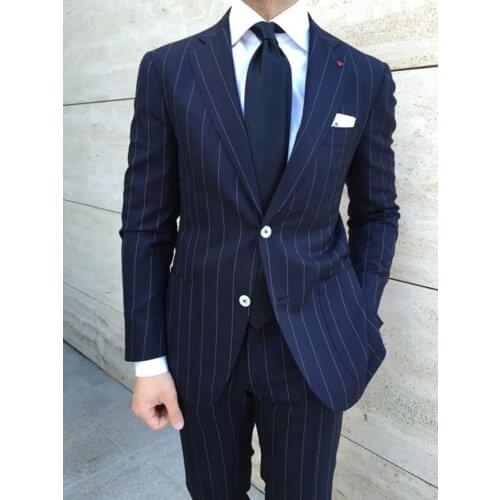 ANNIEBRITNEY Navy Blue 2 Piece Slim Fit Business Men Suit Stripe Groom Wedding Tuxedo Custom Skinny Prom Wedding Business Suit