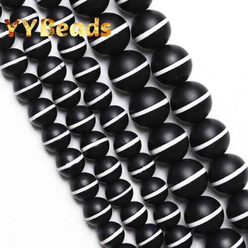 Natural Matte Black Agates With One White Line Stripe Round Loose Beads For Jewelry Making DIY Necklaces Bracelets 6 8 10 12mm