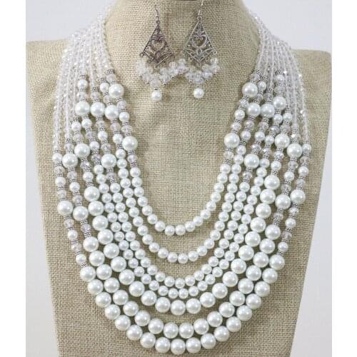 New lovely 7 rows necklace earrings white round shell simulated-pearl rhinestone crystal abacus elegant jewelry B1296