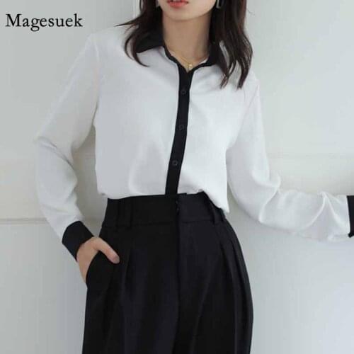 Autumn Long Sleeve White and Black Splice Bottoming Shirts Professional Slim Lapel Blouse Women Cardigan Tops Blusas Mujer 11346
