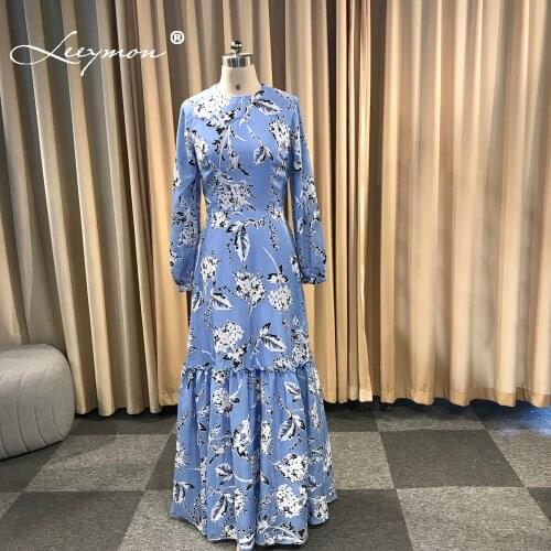Leeymon Plus Size Mother of Bride Dresses Elegant Sheath Blue Floral Print Vestido Mae Da Noiva
