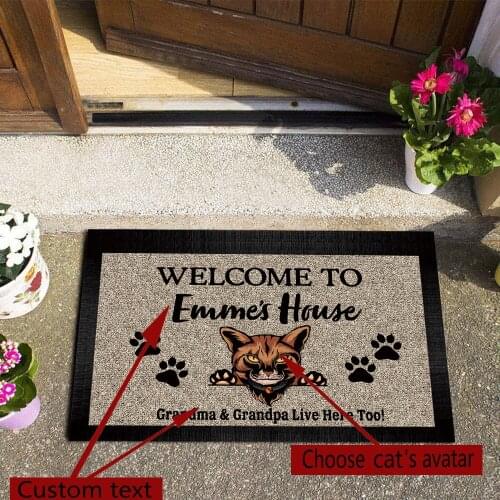 Personalized Custom Text Pet Cat Door Mat Durable Rubber Sole Entrance Rug Small Front Door Carpet Non-Slip Washable Doormat