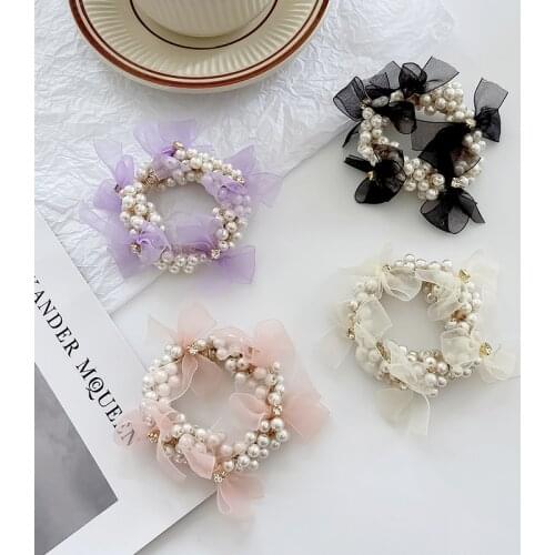 New Women Elegant Lace Bow Pearl Scrunchie Rubber Bands Girls Sweet Ponytail Elastic Hair Band Headband Fashion Hair Accessories