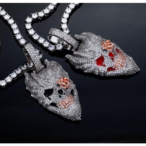 Cool Skull Men Pendant Cubic Zirconia Rose Flower Eye Gold Color Plated Hip Hop Necklace Chain Rock Jewelry Gift