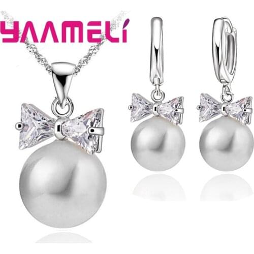 925 Sterling Silver Pearl Hoop Earrings Necklace Bowknot Crystal Jewelry Set For Women Girls Wedding Party Nice Gifts