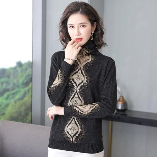 Women Lace Patchwork Sweater Autumn Winter Turtleneck Sweater Elastic Lady Lace Floral Sweater Pullover Long Sleeve