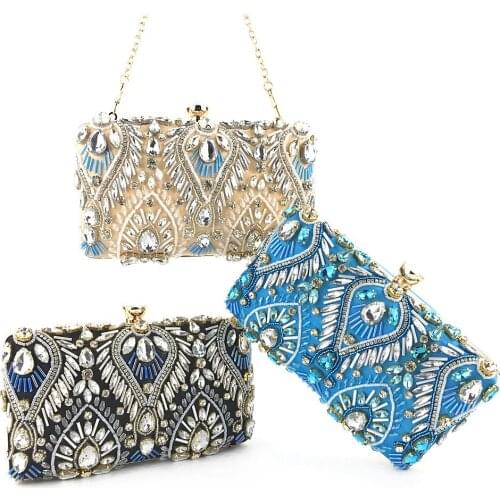 Crystal Geometric Pattern Women Evening Bag Beaded Wedding Handbags Purse Makeup Bride Day Clutches Embroidery Rhinestone Bags