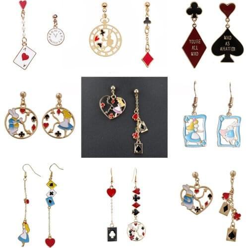 Alice Wonderland Princess Rabbit Bunny Asymmetric Drop Earring Clock Poker Card Enamel Womens Earrings Fashion Jewelry for Girl