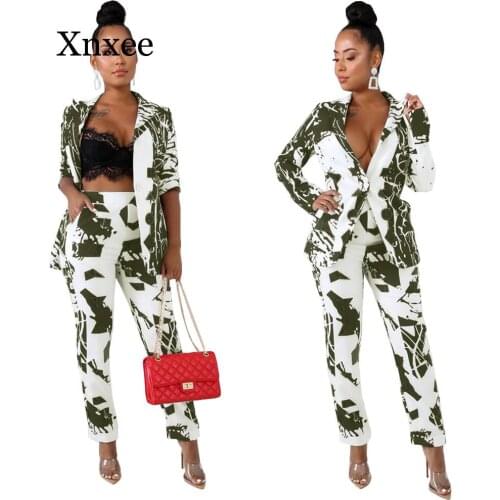 Office Lady Blazer 2 Piece Set Women Winter Workwear Full Sleeve Graffiti Blazers Pant Suits Elegant Trouser Suit Africa Style