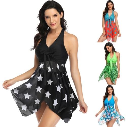 Swimwear Women Plus Size Sexy Mesh Printed Skirt Split Two-piece Bikini Set Swimsuit Beach Bathing Suit Купальники Женские 2021