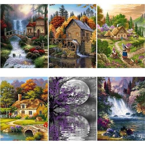 DIY 5D Diamond Painting House Cross Stitch Landscape Waterfall Diamond Embroidery Full Round Drill Mosaic Rhinestones Home Decor