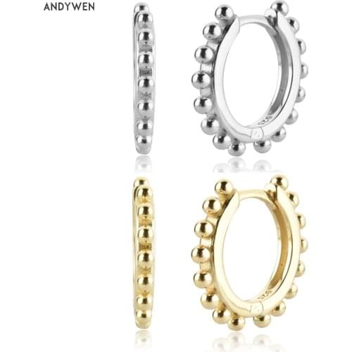 ANDYWEN 925 Sterling Silver Gold Beads Huggies Hoops Piercing Rock Puck Round Circle Luxury Jewelry Clips Loops Party Jewelry