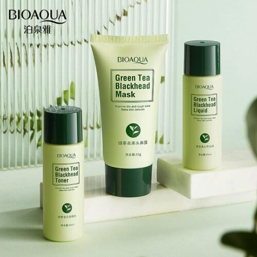 Bioaqua Green tea to black three-piece wet moist hydrating oil-control improve black meticulous pore suits 3Pcs/Set