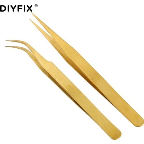 DIYFIX 2Pcs Precision Tweezers Eyelash Extension Clips Curved Straight Tips Electroplating Forceps Fine Point Hand Tools Sets