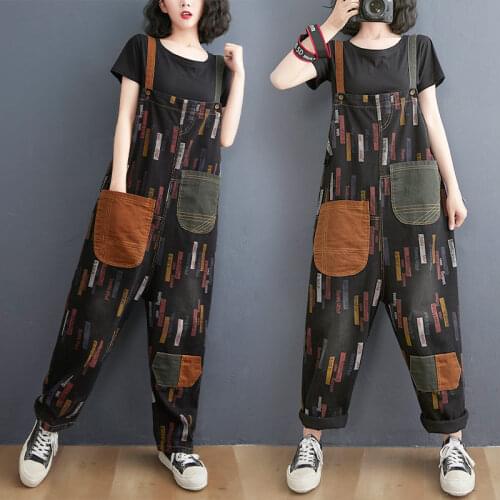 Retro Printed Denim Patch Loose Casual Big Pocket Bib Pants Streetwear Large Size One-Piece Jeans Jumpsuits Women Trousers M57