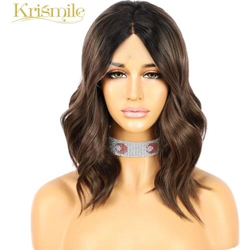 Krismile Short Wavy Synthetic Lace Front Wigs Ombre Brown High Temperature Party Cosplay Daily for Women 14 Inches Wig