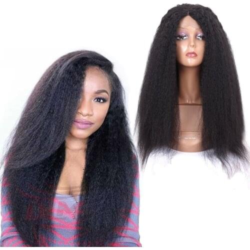 L Part Lace Front Wig Yaki Kinky Straight Lace Wig For Women 24Inch Long Heat Resistant Wigs Black Natural Synthetic Wigs