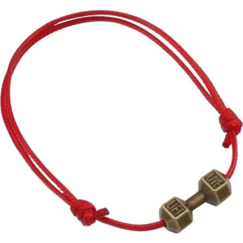 Hot ! 20 Pcs Red Waxes Rope Antique Bronze Zinc Alloy Barbell Dumbbell Adjustable Bracelet B-36