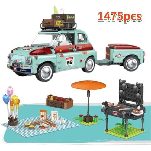 Moc Creator Ideal Tourist Picnic Car Trailer Tractor Diy Building Block Set Transport Childrens Educational Bricks Toys Gifts