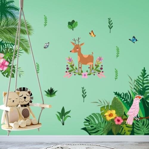 Green Deer Wall Stickers Flowers Kids Room Decoration Living Room Bedroom Childrens Room Self Adhesive Decoration Wall Decals