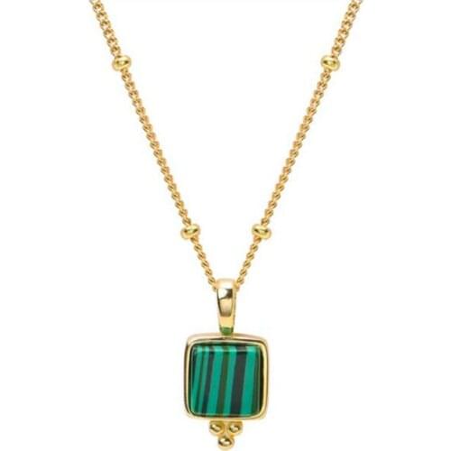 Real 925 Sterling Silver Malachite Stone Pendant Necklaces For Women Statement Square Charm Long Chain Necklace Fashion Jewelry