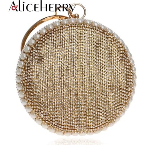 New 2018 Summer Fashion Women Pearl Beaded Diamond Evening Bag Bridal Wedding Round Ball Wrist Bag Clutch Purse and Handbag Gold