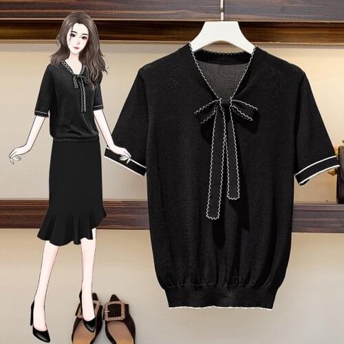 2021 Summer New Bow Neck Ice Silk Knitted Pullover Thin Short Sleeve T-shirt Female Black