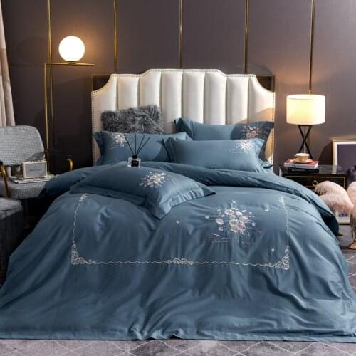 Flowers embroidery bedlinen blue Bedding Set King Queen Size Bed Linen egyptian cotton Duvet Cover Bed Sheet Set Pillowcases