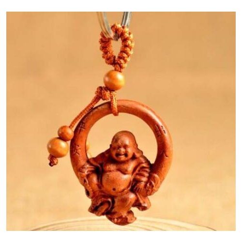 Wood Carving Chinese Feng Shui Maitreya Happy Buddha Statue Key Chain Key ring