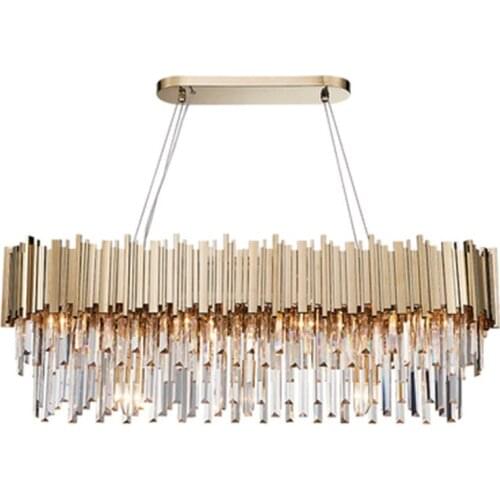 Luxury Plated Gold Steel Lustre K9 Crystal Led Pendant Lights E14 Luminarias Dining Room Straight Pendant Lamp Lighting Fixtures