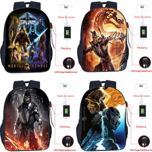 16 Inch Mortal Kombat 3d Printed Backpack Teenager USB Charge School Backpacks for Boys Girl School Bags Travel Rucksack Mochila