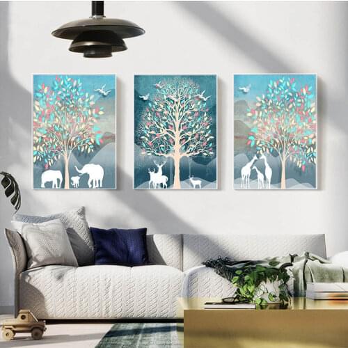 Forest Deer Family Nordic Style Poster Canvas Print Minimalist Abstract Wall Art Painting Decorative Picture Modern Home Décor