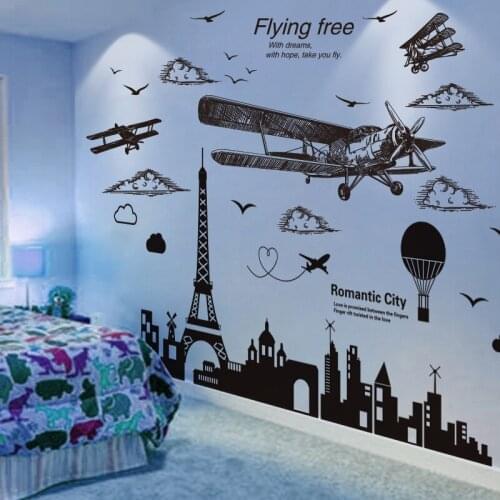 [shijuekongjian] Black Airplane Wall Sticker DIY Buildings Mural Decals for Living Room Kids Bedroom Home Decoration Accessories