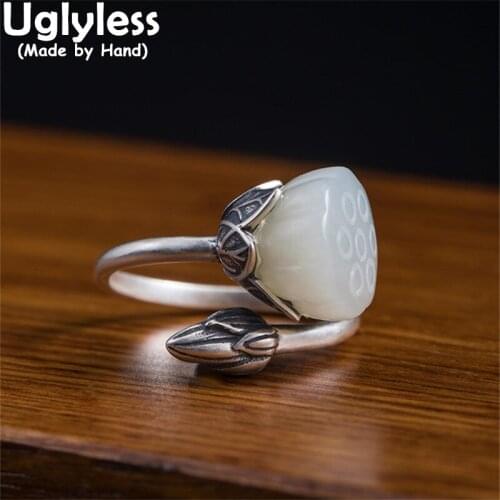Uglyless Thai Silver Lotus Flower Rings for Women Hotan Nature Jade Lotus Open Rings Real 925 Silver Ethnic Vintage Jewelry Gems