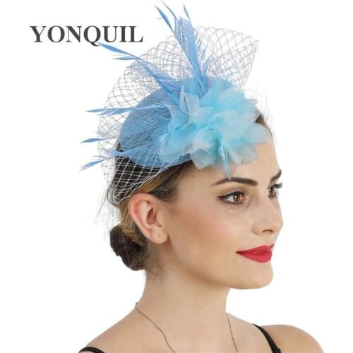 Elegant Bride Wedding Headpiece Veils Fascinator Hat women Fashion Headwear On Hair Clip Light Blue Flower Hair Accessories