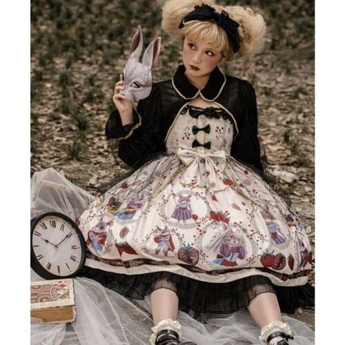 Gothic Lolita Dress Kawaii Rabbit Print Cosplay Costume Women Cute Lace Bow Retro Strap Lolita Dark JSK Dress Tea Party Clothing