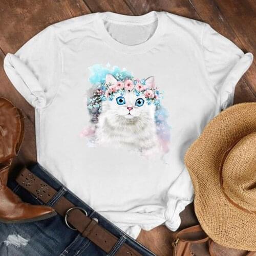 Women Printing Watercolor Cat Animal Funny Short Sleeve Fashion Cartoon Summer Top Lady Print Tee Female Tshirts Clothes T-Shirt