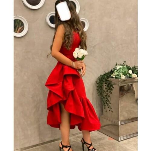 Elegant Long Satin One Shoulder Evening Dresses with Ruffles Tea Length Zipper Back Red Formal Party Dress for Women
