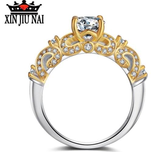18k golden yellow gold white gold color separation palace hollow-out four claw inlay diamond rings for women