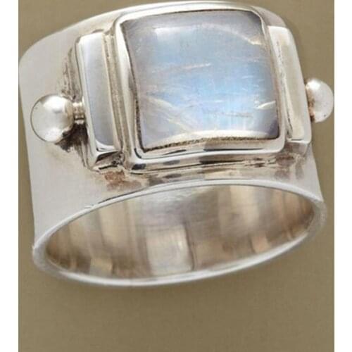 Retro Style Geometric Square Natural Stone Ring Exquisite Wedding Engagement Silver Color Ring Elegant Womens Party Jewelry