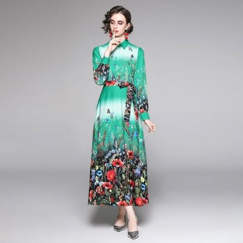Europe Fashion Spring Autumn Long Sleeve Floral Print Sashes Runway Maxi Holiday Dress Women Shirt Collar Vintage Vestidos Green