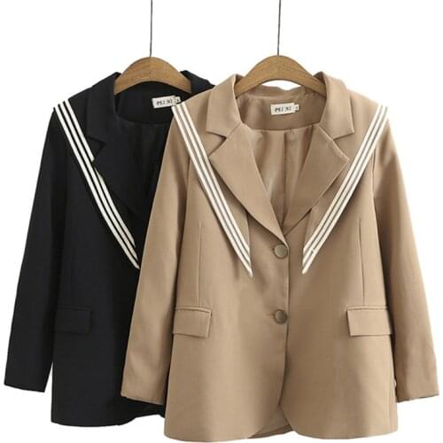 2021 New Spring Autumn Womens Blazer Plus Size 4XL Casual Ladies Suit Jacket Navy Collar Stripe Stitching Black Khaki Suit W524