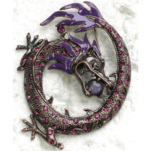 Antique Copper Fashion Brooch Purple Rhinestone Enamel Dragon Pin brooches C881 D3