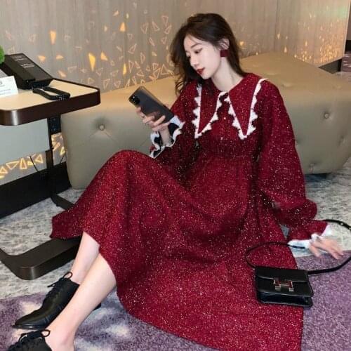 Bella Philosophy Wonder Long Sleeve Dress Lace Peter Pan Collar High Waist Korean Style Party Dress Elegant Simple Office ALine