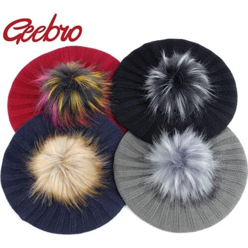 Geebro Women Ribbed Beret Slouchy Winter Hats Knitted Bonnet Caps for Girls Lady Female Fashion with 15 cm Faux Fur Pompom