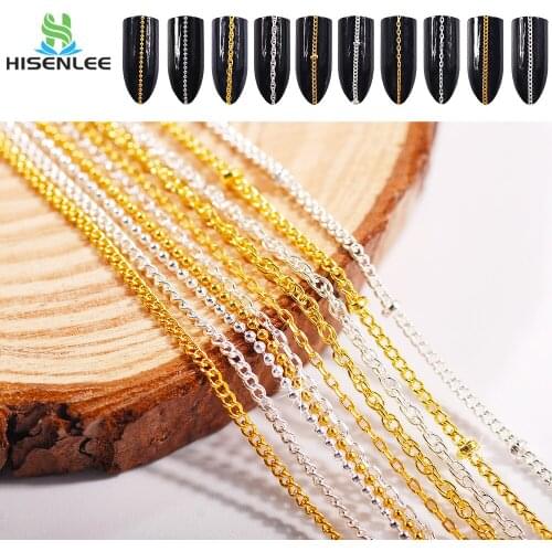 10 Types Gold/Silver Fashion Delicate Nail Art Metal Chain 50cm Rock Punk Style 3D Art Chain Decorations For DIY Manicure