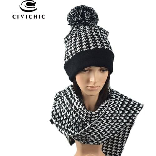 CIVICHIC Hot Fashion Woman Man Knitted Hat Scarf Set with Pompon Autumn Winter Warm Stylish Shawl Chic Headwear Ear Warmer SH109