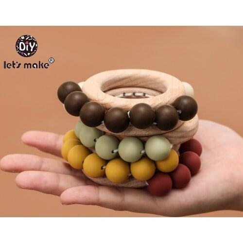 LetS Make Baby Toys Wooden Rattle Teether Baby Toys Engraved Wood Beads Hexagon Teether Silicone Beads Baby Crib Rattle