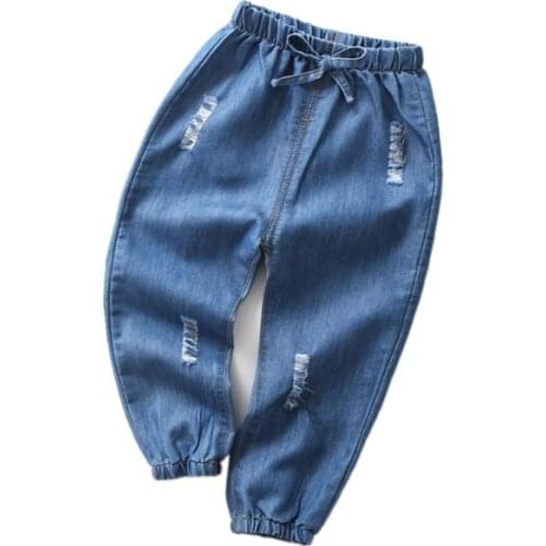 Childrens jeans boys and girls elastic trousers summer thin