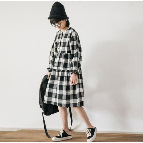 Korean Style Kids Girls Mid Length Plaid Princess Dress 2021 Spring Ruffle Sleeve Children Cotton Clothes Elegant Fashion, #9444